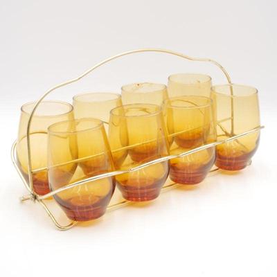 Set of 8 Amber Glass Tumblers with Gold Tone Metal Caddy