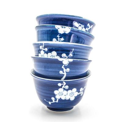 Set of 5 Rice Bowls Blue w/White Flowers