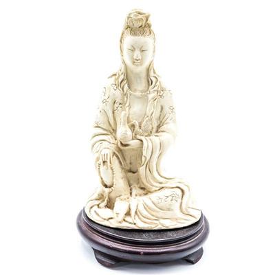 Off-White Guanyin Resin Sculpture w/Wood Base