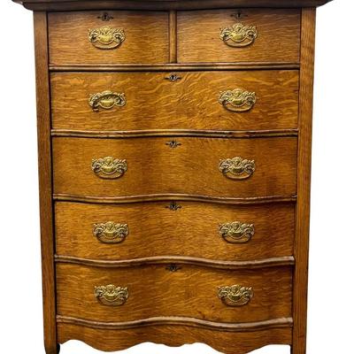 Antique 6 Drawer Solid Oak High Boy Dresser With Brass Pulls