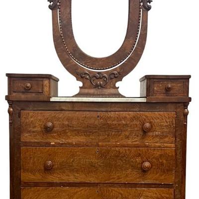Antique Munsing Empire Style Flame Mahogany Vanity With Marble Top And Mirror