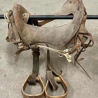 Antique WWI McClellan High Back Hand Made Leather Saddle - 11" Seat With Wooden Stir Ups
