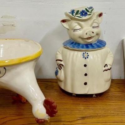 Vintage USA Pottery Pig Cookie Jar, Redware Hand Made Chicken Bowl (As Is), White Pottery Cow Wall Hanging