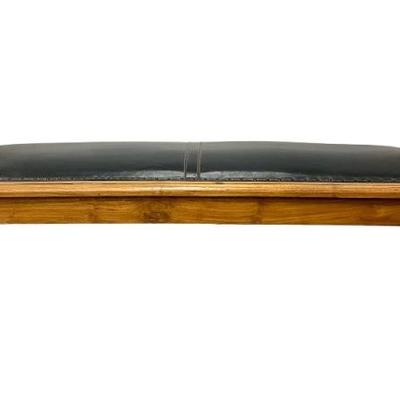 Vintage Cherry Wood Side Slat Bench With Black Leather Seat