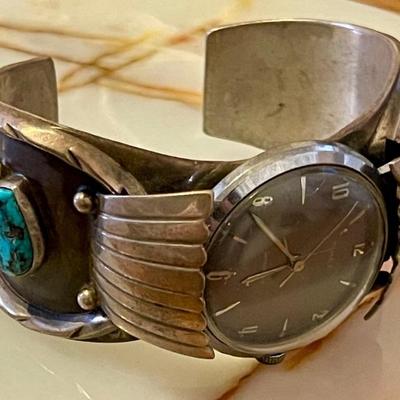 Old Pawn Sterling Silver & Turquoise Heavy Watch Band - Total Weight 122.73 Grams 