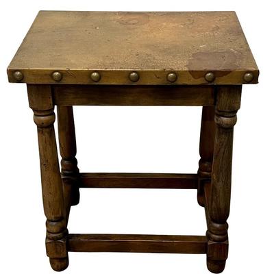 Vintage Leather Top Solid Wood Side Table With Brass Nail Head Trim