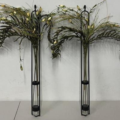 Pair Of 31" Metal And Class Cylinder Wall Hangings With Faux Greenery 