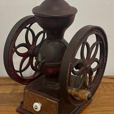 Vintage John Wright Heavy Cast Iron Double Wheel Coffee Grinder With Porcelain Pull And Finial 