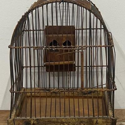 Antique Small Wood And Metal Bird Cage With Spring Latch Door