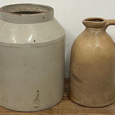 Antique Stoneware Crock And Handled Jug (as Is)