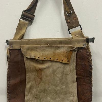 Antique Hand Made Leather Bag With Canvas Strap And Metal Clasp 