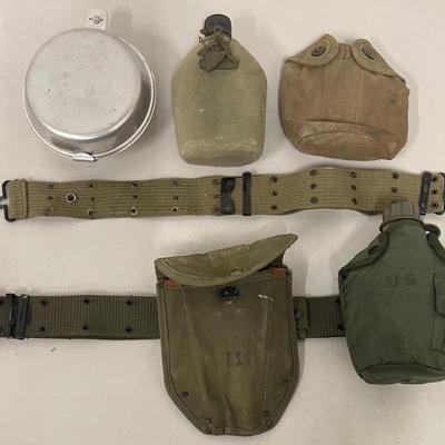 (2) Vintage US Military Utility Belts With Assorted Canteens, Mess Kit, And Bean Pouch