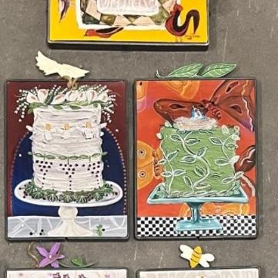 (5) Nancy Thomas Wood And Metal Plaque Wall Hangings - Happy All The Time, Cakes