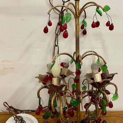 Vintage Gold Tone Metal And Art Glass Cherries Light Fixture