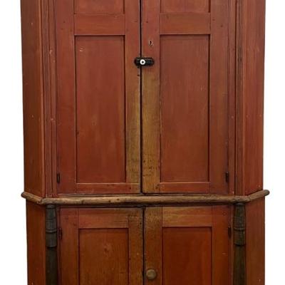 Antique Hand Made Pine 2 Piece Corner Cabinet With Original Latch