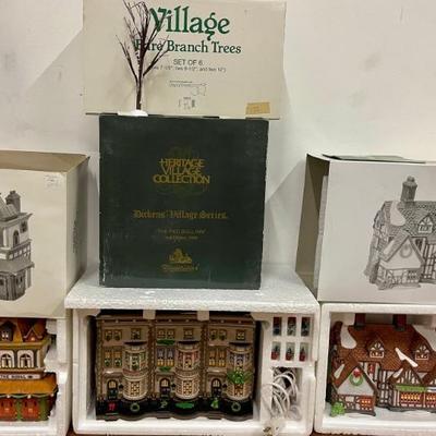 (5) Department 56 Heritage Village Light Up Houses And Bare Branch Trees - Theatre Royal, Ashbury Inn, Etc.