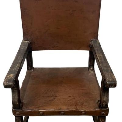 Antique Hand Carved Leather And Wood Arm Chair With Nail Head Trim