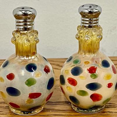 Pair Of Hand Blown Opalescent Colored Dot Salt And Pepper Shakers 