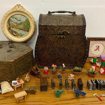 Antique Dresser Box With Real Hair, 1936 Oil Painting, Assorted Miniatures 