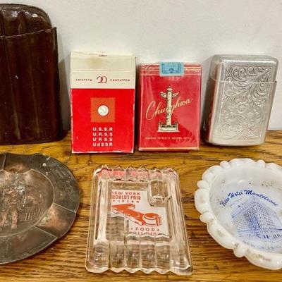 Unopened Chunghwa And USSR Cigarette Boxes, Silver Tone Etched Cigarette Holder, And Ashtrays