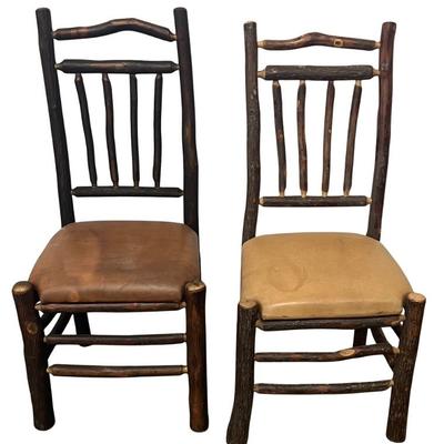 Pair Of Vintage Rustic Log And Dowel Chairs With Leather Seats (as Is)