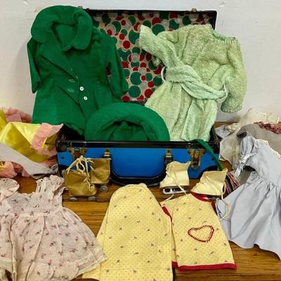 Vintage Miniature Blue Doll Clothing Trunk With Ice Skates, Roller Skates, Hand Made Clothes, And More
