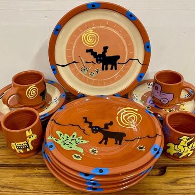 Vintage Redware Hand Painted Pottery Plates And Mugs By Faustad 