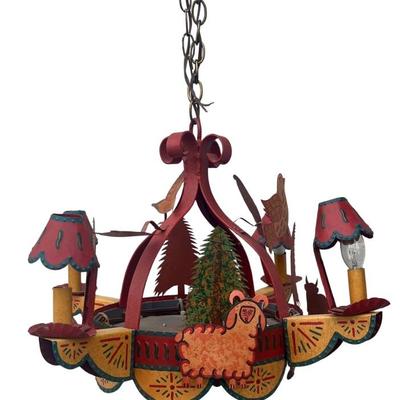 Painted Folk Art Animal Motif 5 Bulb Light Fixture With Chain