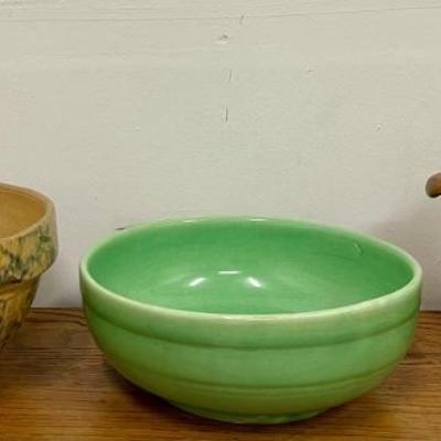 Antique Redwing Spongeware 10" Bowl (as Is), Seville Green Pottery 10" Bowl, Frankoma Lidded Dish