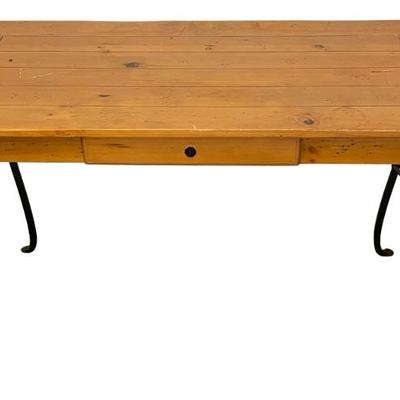 Pine Top Single Drawer Writing Desk With Decorative Wrought Iron Legs 