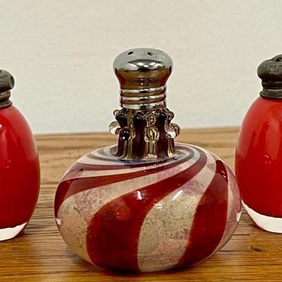Pair Of Czech E. & J. B. Red Art Glass Salt And Pepper, And A Red Striped Shaker
