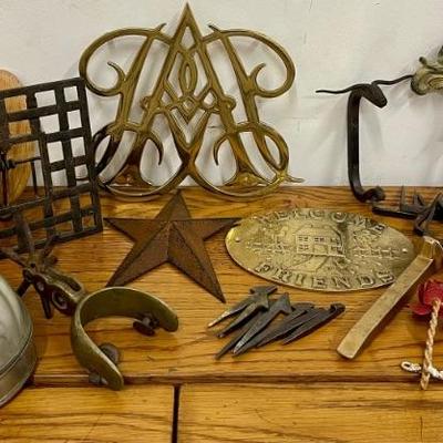 Brass And Metal Home Decor - 1050's Williamsburg Trivet, Antique Nails, Brass Spur, Enamel Funnel, And More