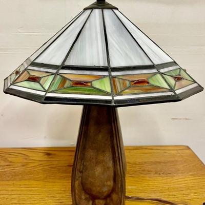 Resin And Metal Bronze Tone Table Lamp With Stained Glass Shade (As Is)
