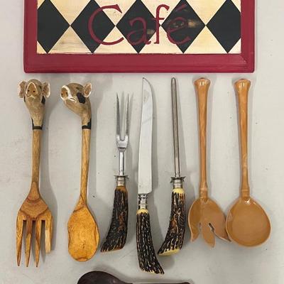 Stag Handled Sheffield Carving Set, Hand Carved Wooden And Bakelite Serving Utensils, Cafe Sign