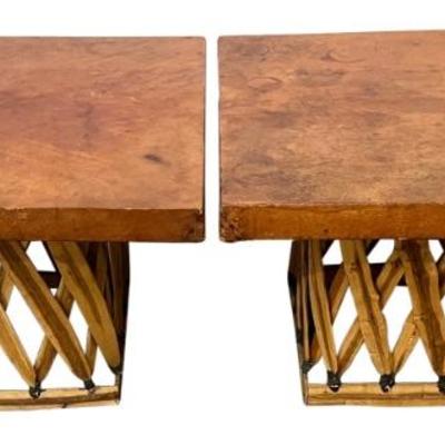 Pair Of Equipale Leather And Cedar Side Tables 