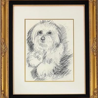 Original Maryane Cranston " Callie" Dog Pencil Portrait In Custom Ornate Frame
