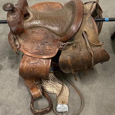 Antique Hand Tooled Leather 14" Saddle With Leather Stir Ups And Saddle Bags