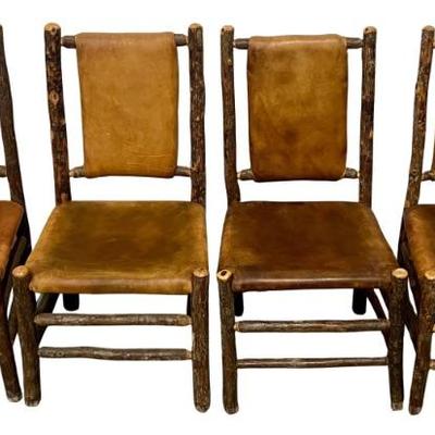(4) Hand Made Rustic Log Chairs With Leather Seats And Backs