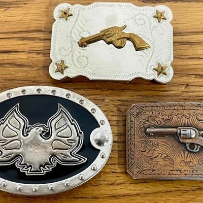 (3) Vintage Belt Buckles - (2) Pistol Motif, (1) Firebird