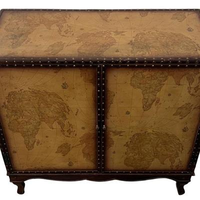 Vintage World Map Leather Wrapped 2 Drawer Cabinet With Nail Head Trim And Shelf