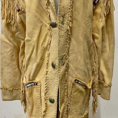 Vintage Hand Made Suede Leather Fringe And Seed Bead Native American Style Jacket With Silver Tone Buttons