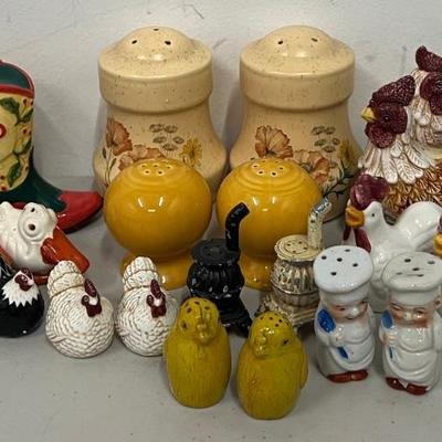 Vintage Collectible Ceramic, Pottery, And Metal Salt And Pepper Shakers - Boots, Roosters, Stoves, And More