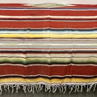 Vintage 57" X 92" Hand Woven Mexican Wool Multi Color Striped Blanket With Fringe