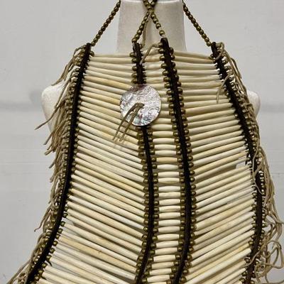 Hand Made Large Traditional Bone Hair Pipe Bead Tribal Breast Plate With Abalone Shell And Brass Beads