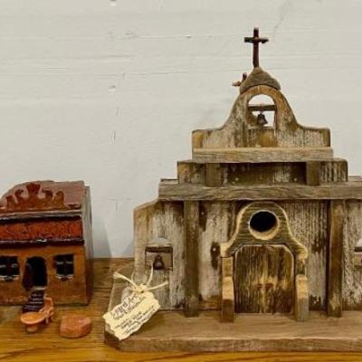 (3) Pottery Houses Windy Meadows Pottery And (1) Wood Church By Santa Poco Mark Baldwin 