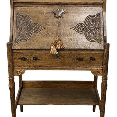 Antique Hand Carved Drop Front Secretary Desk With Brass Pulls And Original Lock, No Key