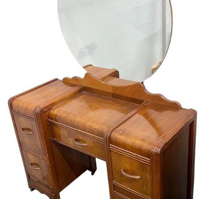 1940's Art Deco 5 Drawer Vanity With Round Mirror On Casters