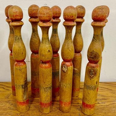 (9) Antique French Wooden Pins Skittle Game