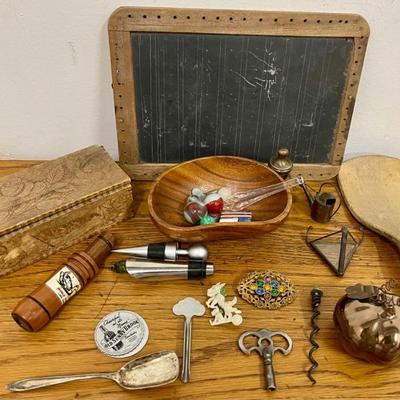 Eclectic Decor - Tramp Art Box, Duck Call, Marbles, Chalk Board, Pins, Keys