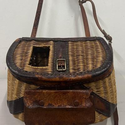 Antique Woven Ratan And Leather Fishing Creel With Strap 